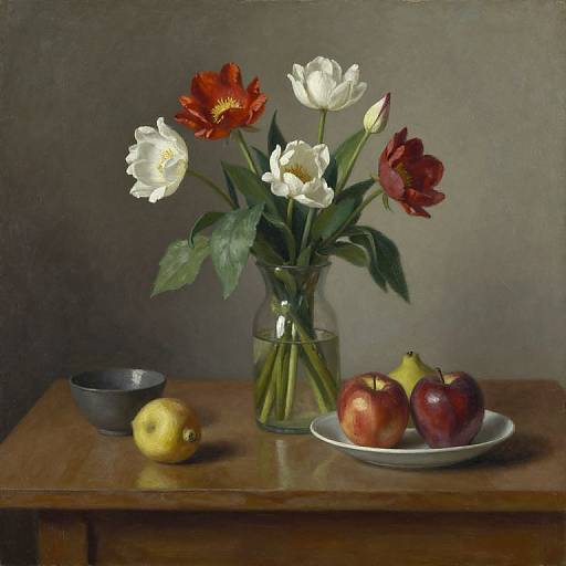 Still life painting: white and red tulips in a glass vase, yellow lemon, gray bowl, plate with apples and pear, wooden table, gray