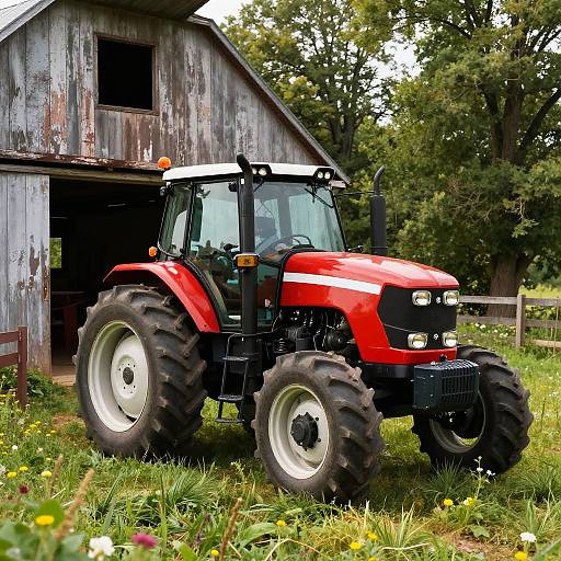 Photograph of a bright red, large-tired tractor parked in front of a weathered, wooden barn amidst a green, flower-filled meadow with