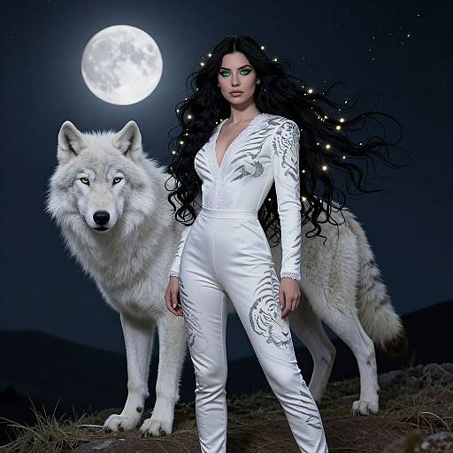 Photograph of a dark-haired woman in a white, intricately-patterned jumpsuit standing beside a large white wolf under a full moon.