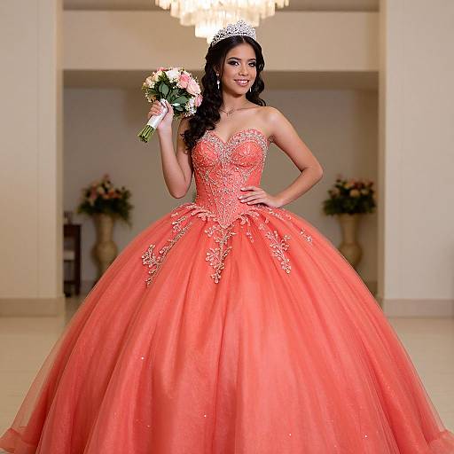 Photograph of a smiling woman in a strapless, coral ball gown with intricate lace detailing, holding a bouquet, wearing a silver tiara, standing