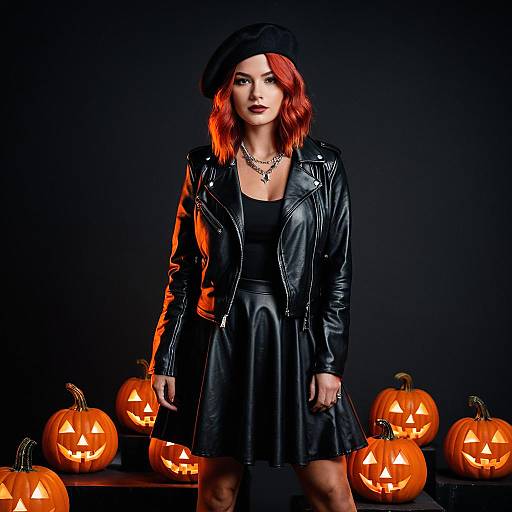 Woman in Black Leather Jacket with Halloween Pumpkins