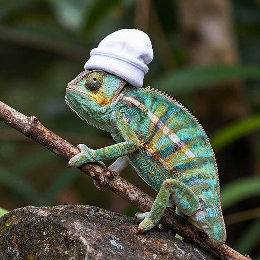 Curious Green Chameleon in Towel