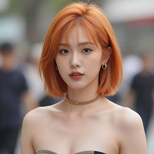 Photograph of an Asian woman with vibrant red bob haircut, wearing a gold chain choker and small hoop earrings, in a blurred urban crowd. She