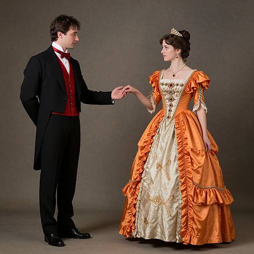 Photograph of a man in a black suit with red vest, holding hands with a woman in an orange and gold Victorian-style dress.