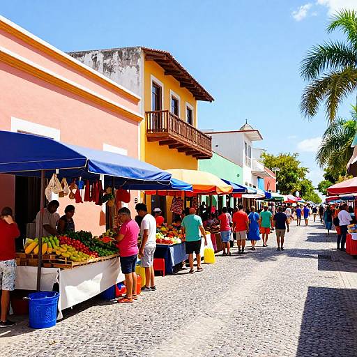 Vibrant street market photograph showing diverse people shopping under colorful umbrellas in front of yellow and orange buildings on a sunny, cobblestone street with