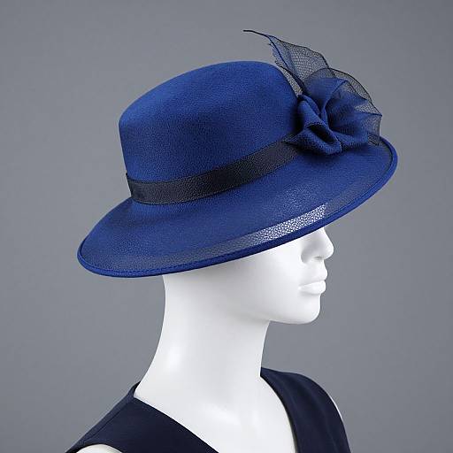 Photograph of a white mannequin wearing a deep blue, textured wide-brimmed hat with a black mesh bow and ribbon.