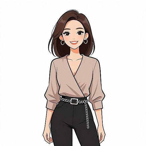 Digital anime-style drawing of a smiling woman with medium-length brown hair, wearing a beige V-neck blouse, black high-waisted pants, and a