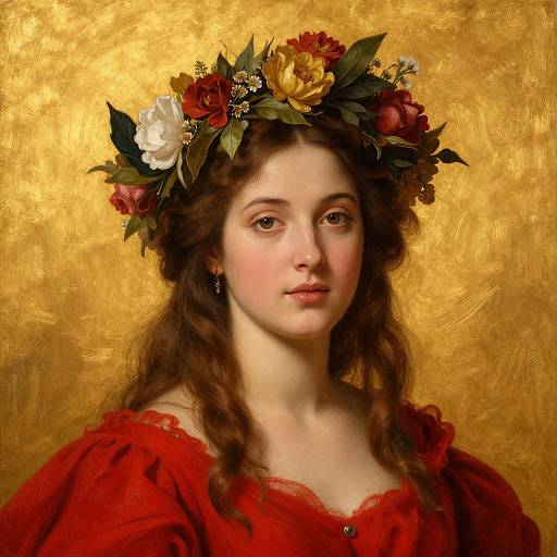 Classical portrait of a young woman with fair skin, brown wavy hair, wearing a red dress and floral crown, against a gold textured background.