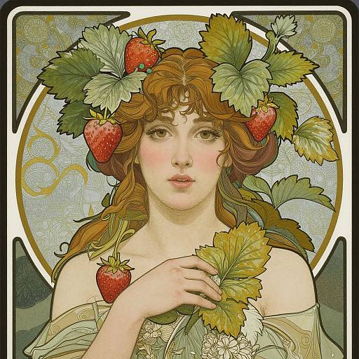 Digital art of a fair-skinned, red-haired woman with a strawberry and leaf crown, holding a leaf, wearing an off-shoulder, floral