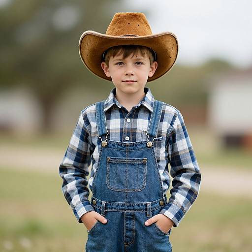 Photograph of a young boy in a brown cowboy hat, blue plaid shirt, and denim overalls, standing with hands in pockets, outdoors with