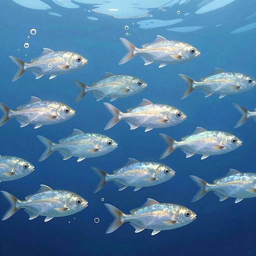 Photograph of a school of bright silver fish with reflective scales swimming in a vibrant blue underwater scene. Bubbles rise in the background.