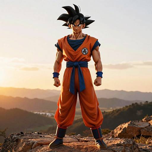 Photorealistic Goku on Rocky Sunset