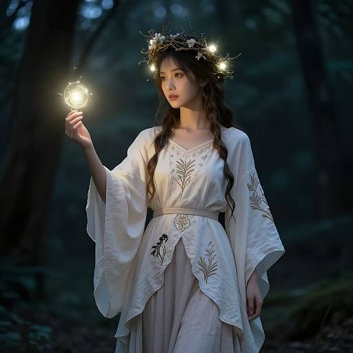 Photograph: Enchanted forest scene, young woman with long, wavy brown hair, wearing a white, embroidered dress and floral crown, holding