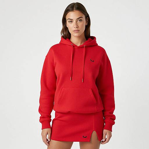 Photograph of a young woman with straight black hair, wearing a bright red hooded sweatshirt dress with a small black logo, standing against a white