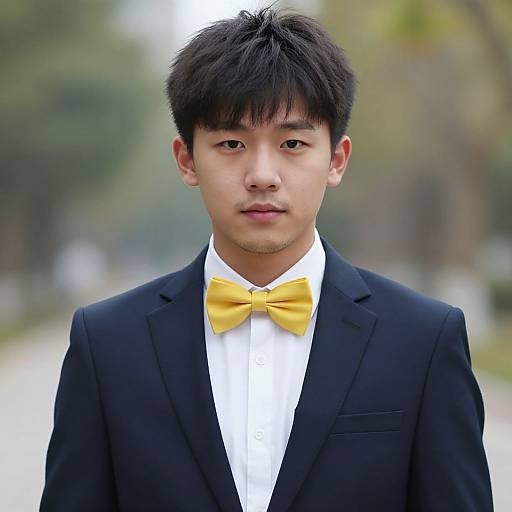 Young Asian man with short black hair, wearing a black suit, white shirt, and yellow bow tie, standing outdoors with blurred green background. Photograph.