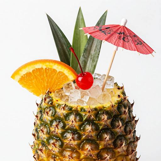 Photograph of a pineapple cocktail with a red cherry, orange slice, green leaves, and a small pink paper umbrella on white background.