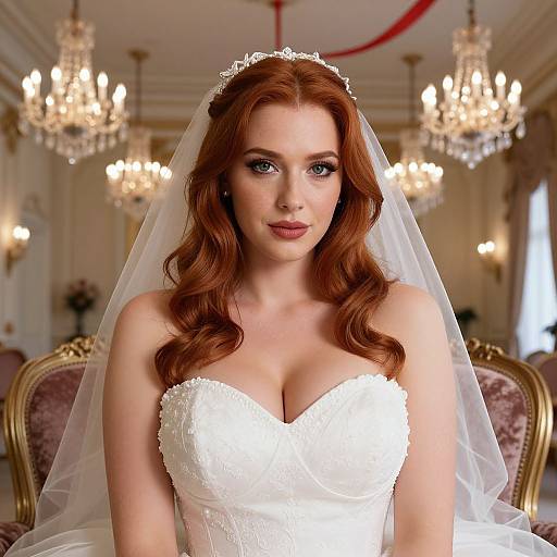 Photograph of a red-haired bride with blue eyes, wearing a white lace strapless wedding gown and veil, standing in an elegant room with chandel