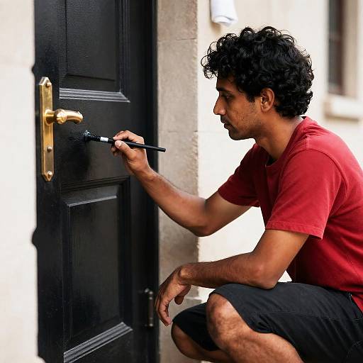 Focused Artist Painting a Black Door