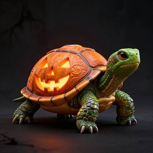 CGI image of a green turtle with a glowing, carved pumpkin shell, displaying a spooky jack-o'-lantern face against a dark background.