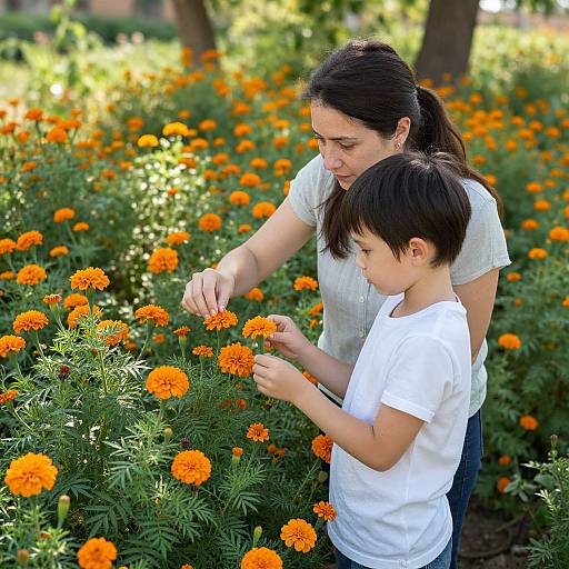Photograph of a woman with dark hair in a ponytail, wearing a white shirt, and a young boy with short black hair, also in a
