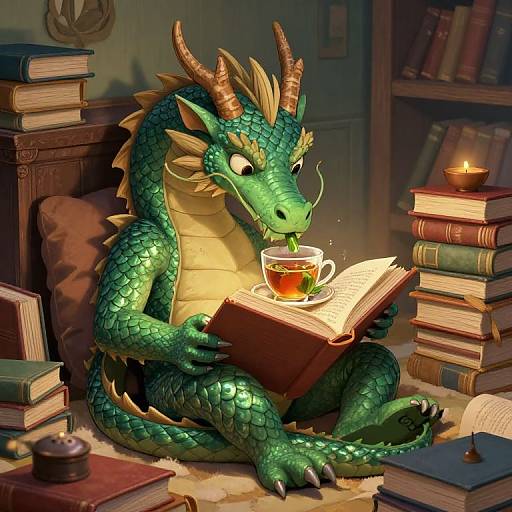 Digital art: Green dragon with yellow underbelly, reading book while sipping tea, surrounded by stacked books and a lit candle.