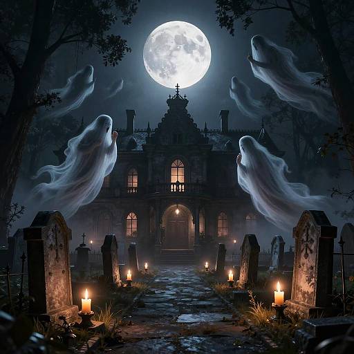Spooky digital artwork of a dark, moonlit graveyard with four ghostly figures, glowing candles, and a haunted mansion under a bright full moon.