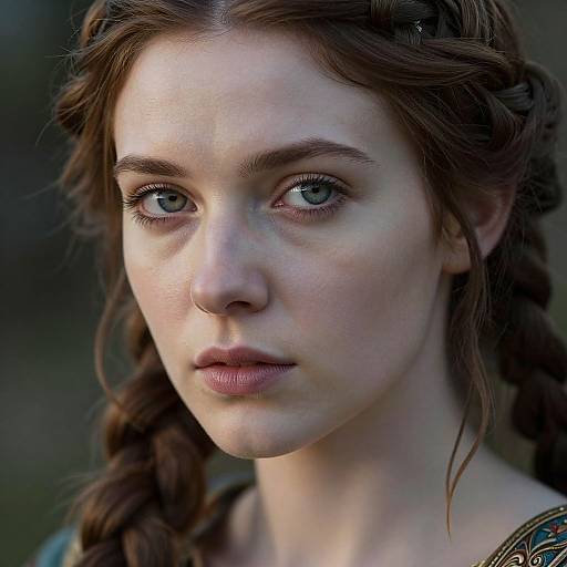 Photograph of a young Caucasian woman with fair skin, blue eyes, and brown braided hair, looking directly at the camera with a serious expression.