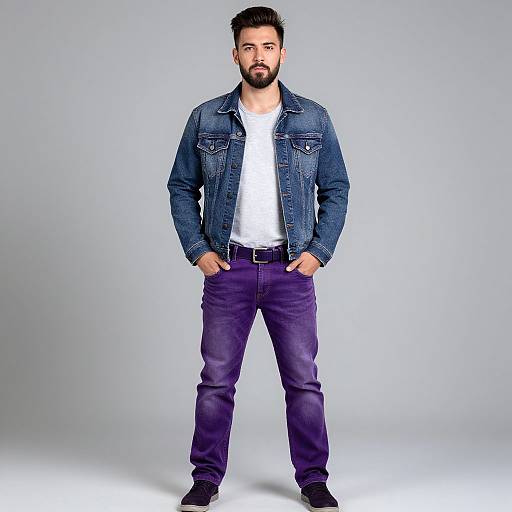 Photograph of a bearded man with short dark hair, wearing a denim jacket, white t-shirt, purple pants, and black shoes, standing against