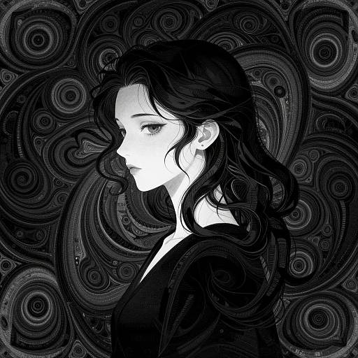 Digital monochrome portrait of a melancholic woman with wavy black hair, white skin, and intense eyes, set against swirling, abstract black patterns.