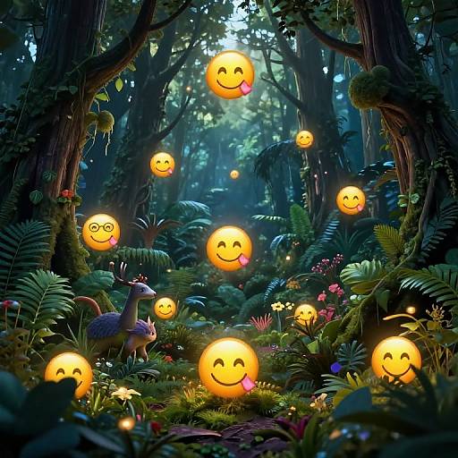 Whimsical forest scene with glowing, smiling emoji faces, a purple snail, lush foliage, and colorful flowers, illuminated by soft light. Digital