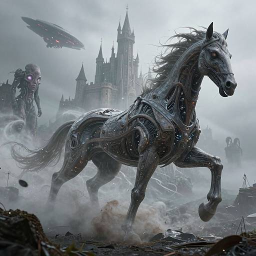 Fantasy digital painting: a metallic, mechanical horse gallops through a foggy, ruined landscape with a futuristic castle and robotic figures in the background.