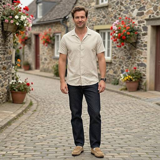 Photograph of a smiling, bearded man in a white button-up shirt, dark pants, and tan shoes standing on a cobblestone street with