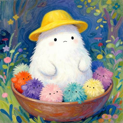 Whimsical digital painting of a fluffy white creature in a yellow hat, surrounded by colorful, fluffy flowers in a wooden bowl, set against a vibrant