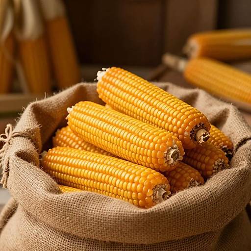 Photograph of bright yellow, plump, textured corn cobs piled in a rustic, brown burlap sack, with blurred background of more corn