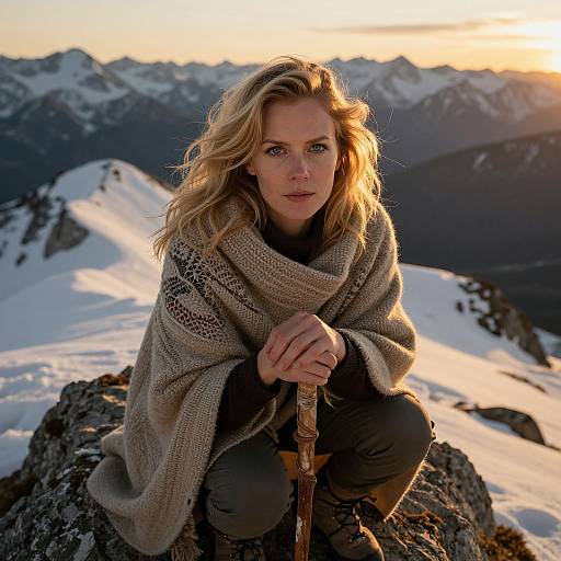 Golden Hour Portrait Amidst Snowy Peaks