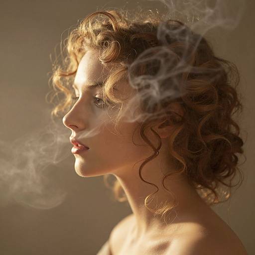 Photograph of a fair-skinned, curly-haired woman in profile, illuminated by sunlight, with wisps of smoke subtly blending with her hair against a