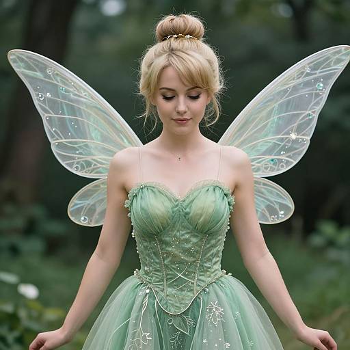 Photograph of a blonde fairy with green dress and transparent wings, standing in a forest. Her hair is in a bun, and she has a serene