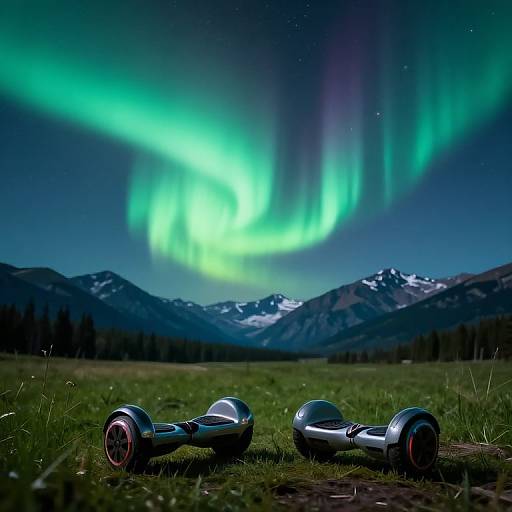 Photograph of two futuristic hoverbikes in a grassy field under a vivid green and blue aurora borealis with snow-capped mountains in the