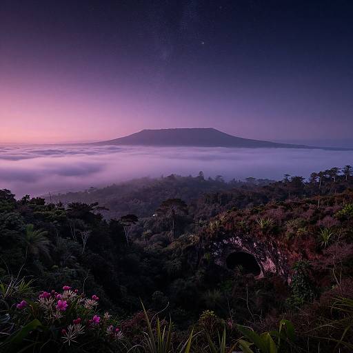 Photograph of a misty dawn landscape with a purple-pink sky, a silhouetted mountain, fog-covered forest, and vibrant pink flowers