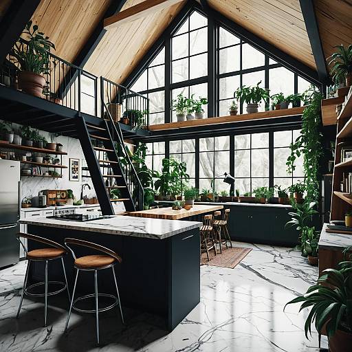 Modern A-Frame Kitchen with Loft and Plants