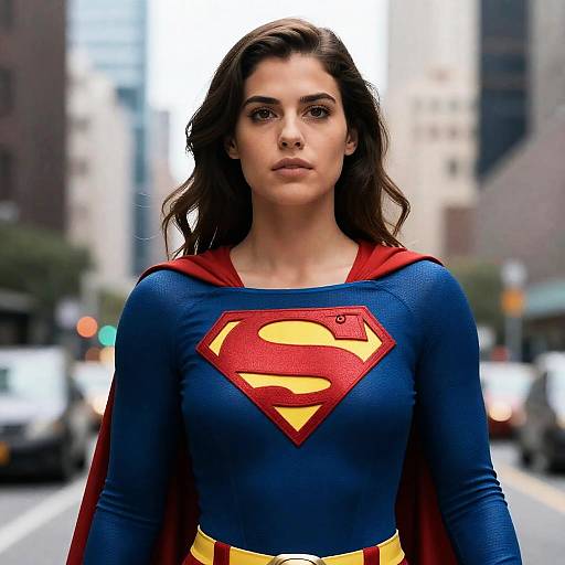 Photograph of a young woman with long, wavy brown hair, wearing a blue Superman costume with red cape, standing in a city street background.