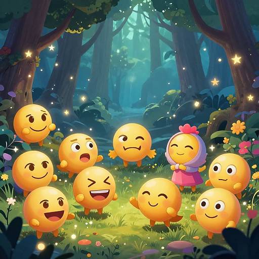 Digital illustration of cute, yellow emoji-like characters with different expressions, standing in a magical, glowing forest with twinkling fireflies and colorful flowers.