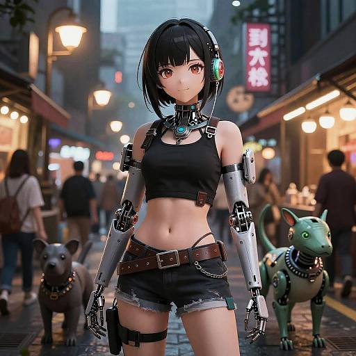 Cyberpunk Anime Girls with Robotic Pets