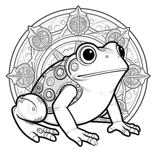 Black-and-white line drawing of a stylized frog with large eyes, intricate patterned spikes on its back, and a circular geometric design behind it.