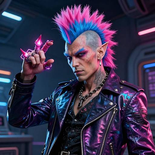 Digital artwork of a punk elf with bright pink and blue mohawk, black leather jacket, tattoos, and glowing purple finger magic.
