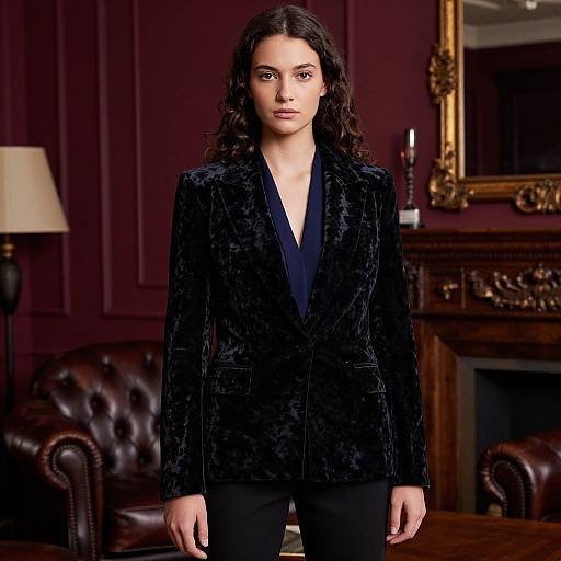 Photograph of a young woman with long, wavy dark hair, wearing a black velvet blazer over a navy blouse, standing in an elegant,