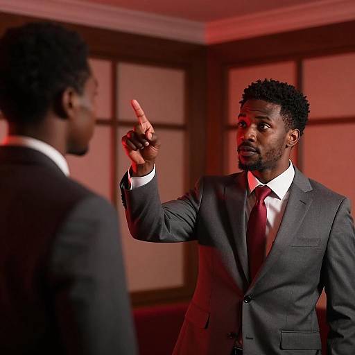 Man Pointing Finger in Red Lit Room