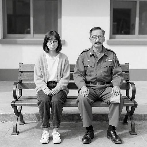 Black-and-White Drawing of People on Bench