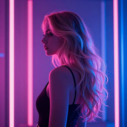 Photograph of a blonde woman with wavy hair, wearing a black tank top, illuminated by pink and blue neon lights.