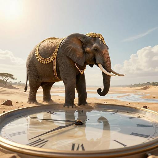 Photograph of an ornate, dark-skinned elephant adorned with gold jewelry standing on a large, clock-like platform in a sunny, sandy desert landscape